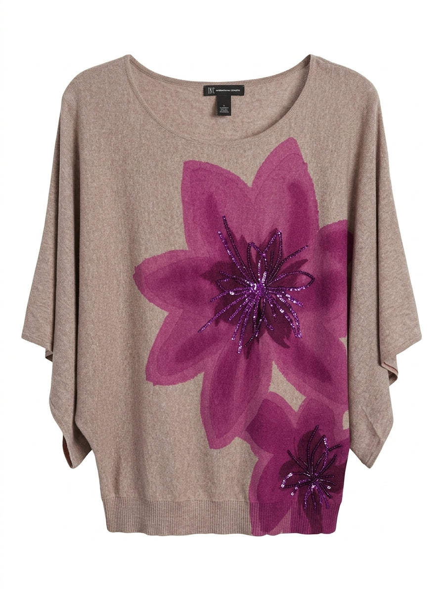 INC · KimonoSleeve Top with Sequin Flowers · Large · BeigeBerry