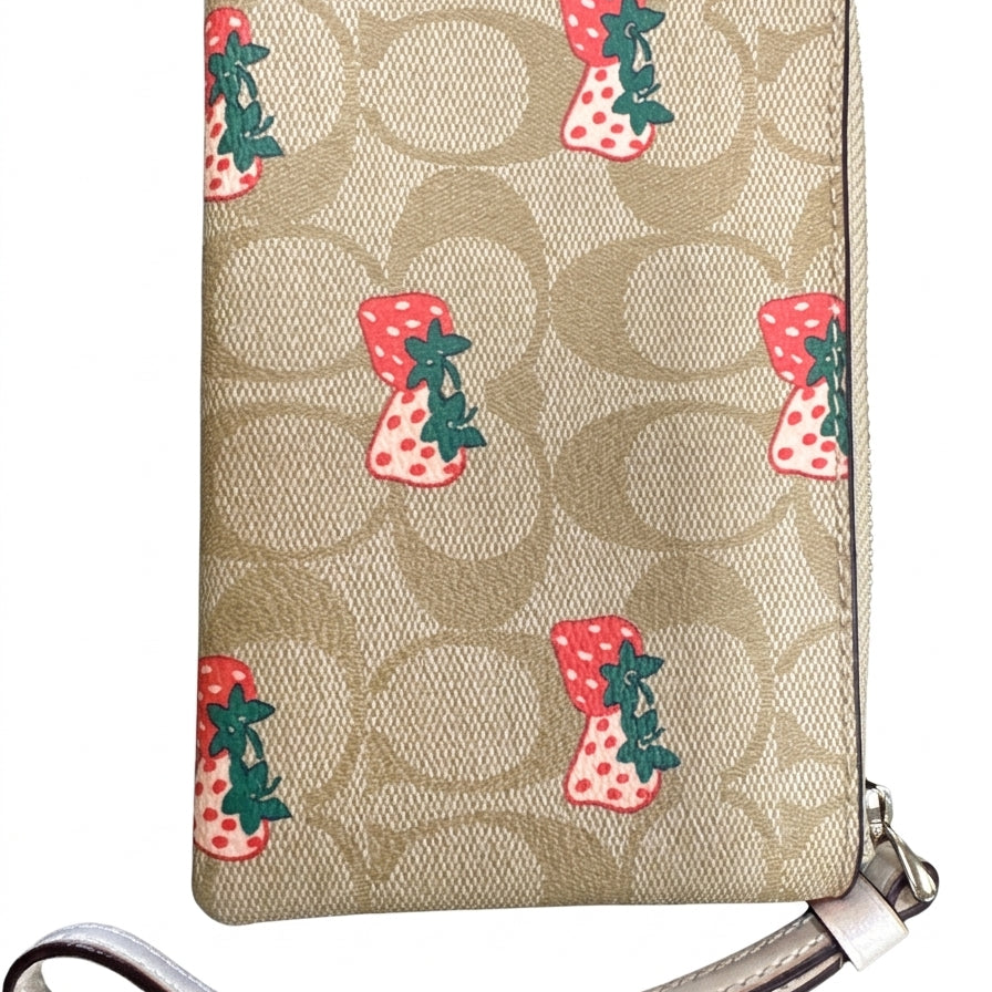 Coach · Zip Around Wristlet Strawberry Design · Wristlet · Tan with Red Strawberry Design