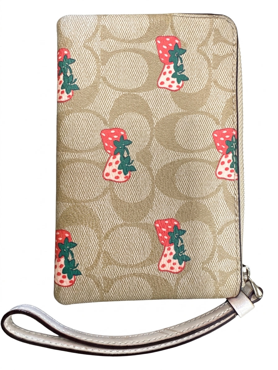 Coach · Zip Around Wristlet Strawberry Design · Wristlet · Tan with Red Strawberry Design