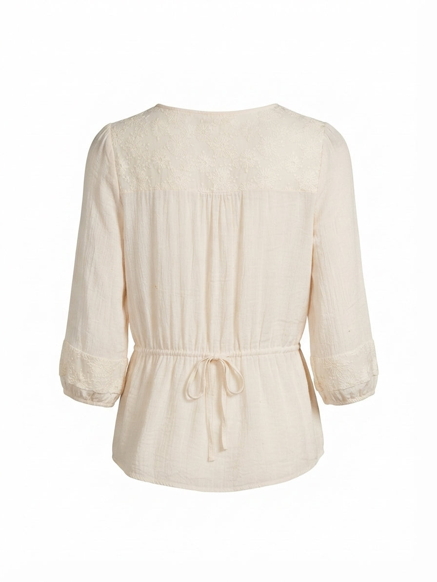 EAM · Lace Overlay 3/4 Sleeve Blouse · M · Ecru
