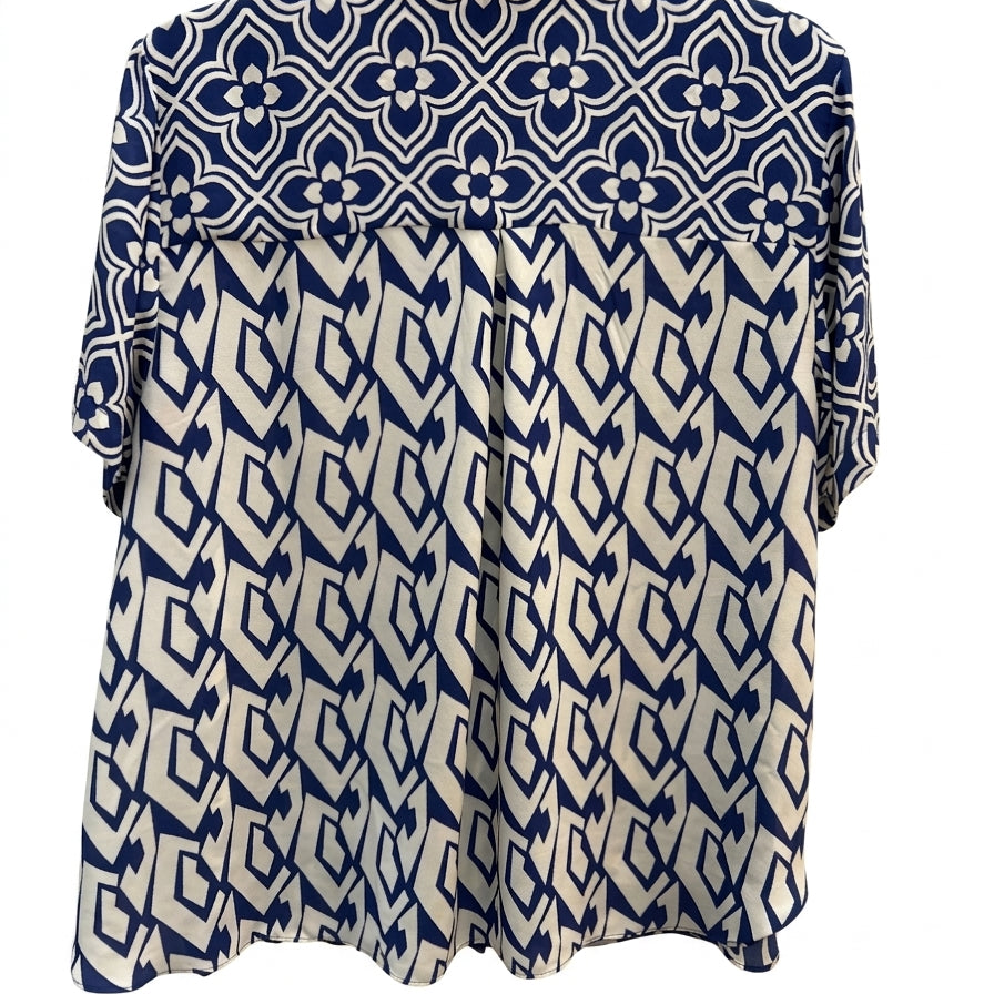 Rose&Olive · Short Sleeve Leaf Print Shirt · 1X · Blue and White