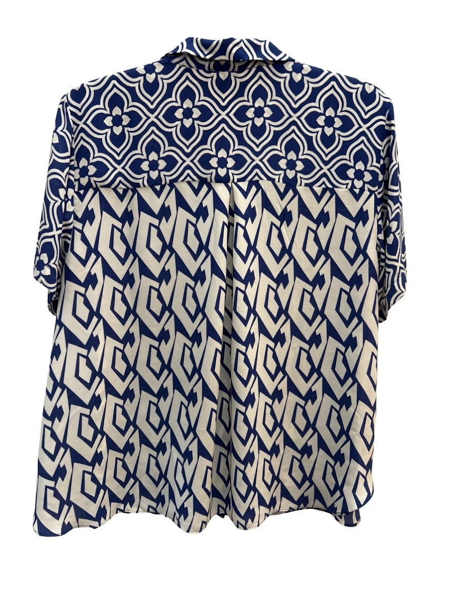 Rose&Olive · Short Sleeve Leaf Print Shirt · 1X · Blue and White