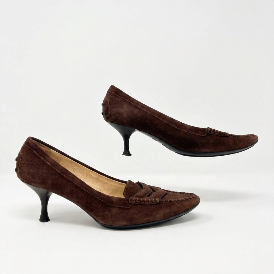 Tod's · Penny Loafer Kitten Heel Pumps · 8.5 · Brown Suede