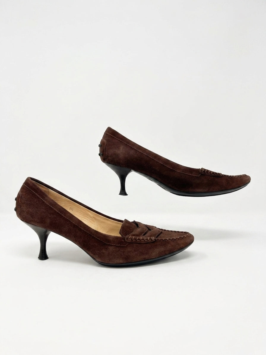 Tod's · Penny Loafer Kitten Heel Pumps · 8.5 · Brown Suede